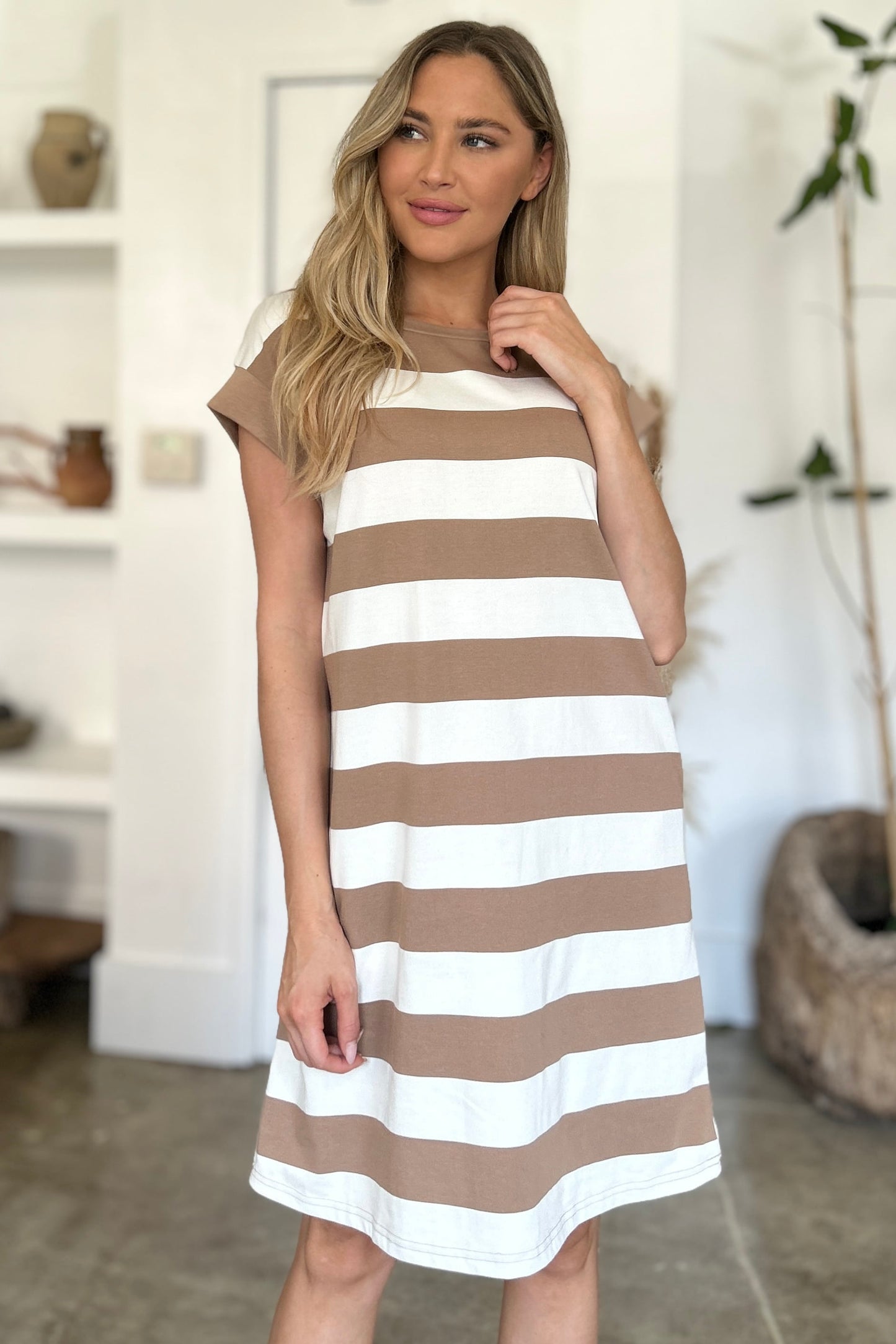 Full Size Striped Round Neck Cap Sleeve Mini Dress