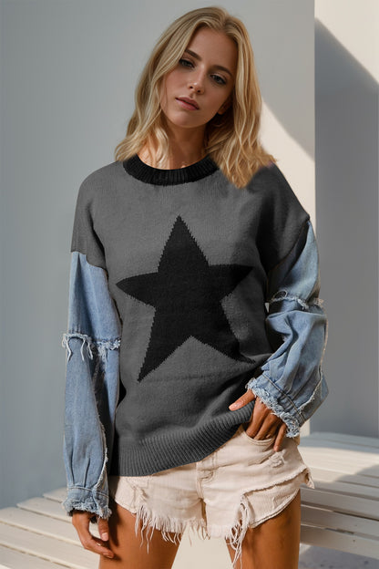 Full Size Star Pattern Raw Edge Long Sleeve Sweater