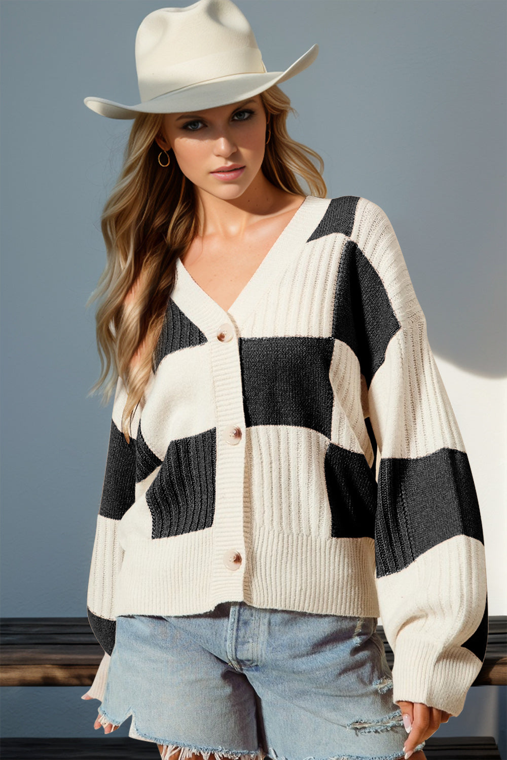 Full Size Checkered Dropped Shoulder Cardigan