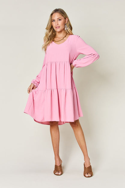 Full Size V-Neck Balloon Sleeve Tiered Dress with Pockets