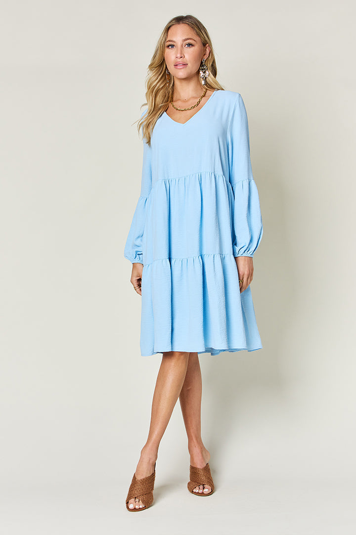 Full Size V-Neck Balloon Sleeve Tiered Dress with Pockets