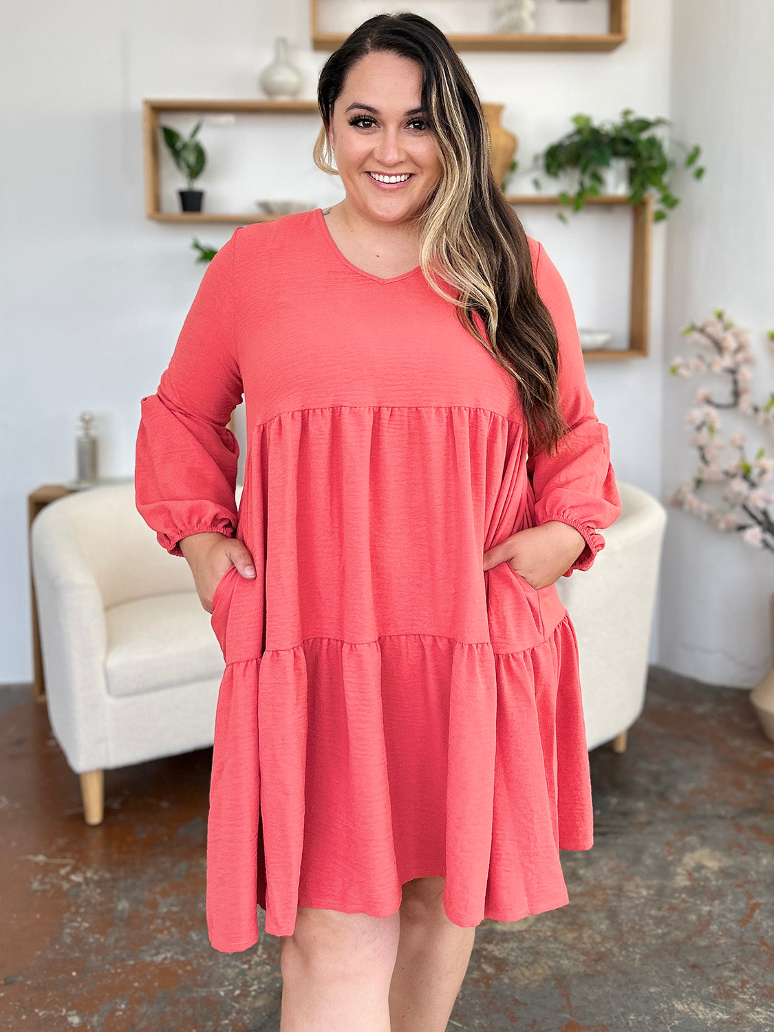 Full Size V-Neck Balloon Sleeve Tiered Dress with Pockets