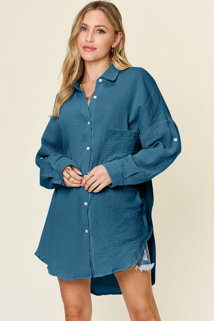 Full Size Pocketed Texture Button Up Shirt