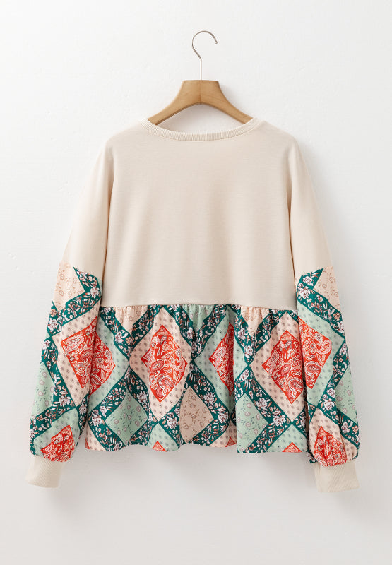 Printed Round Neck Long Sleeve Blouse