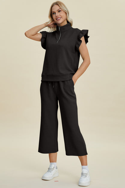 Full Size Texture Ruffle Short Sleeve Top and Wide Leg Pants Set