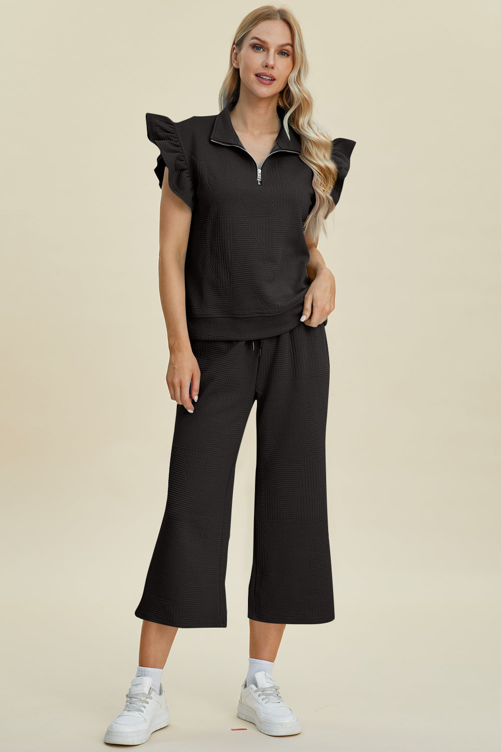 Full Size Texture Ruffle Short Sleeve Top and Wide Leg Pants Set