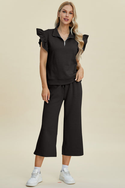 Full Size Texture Ruffle Short Sleeve Top and Wide Leg Pants Set