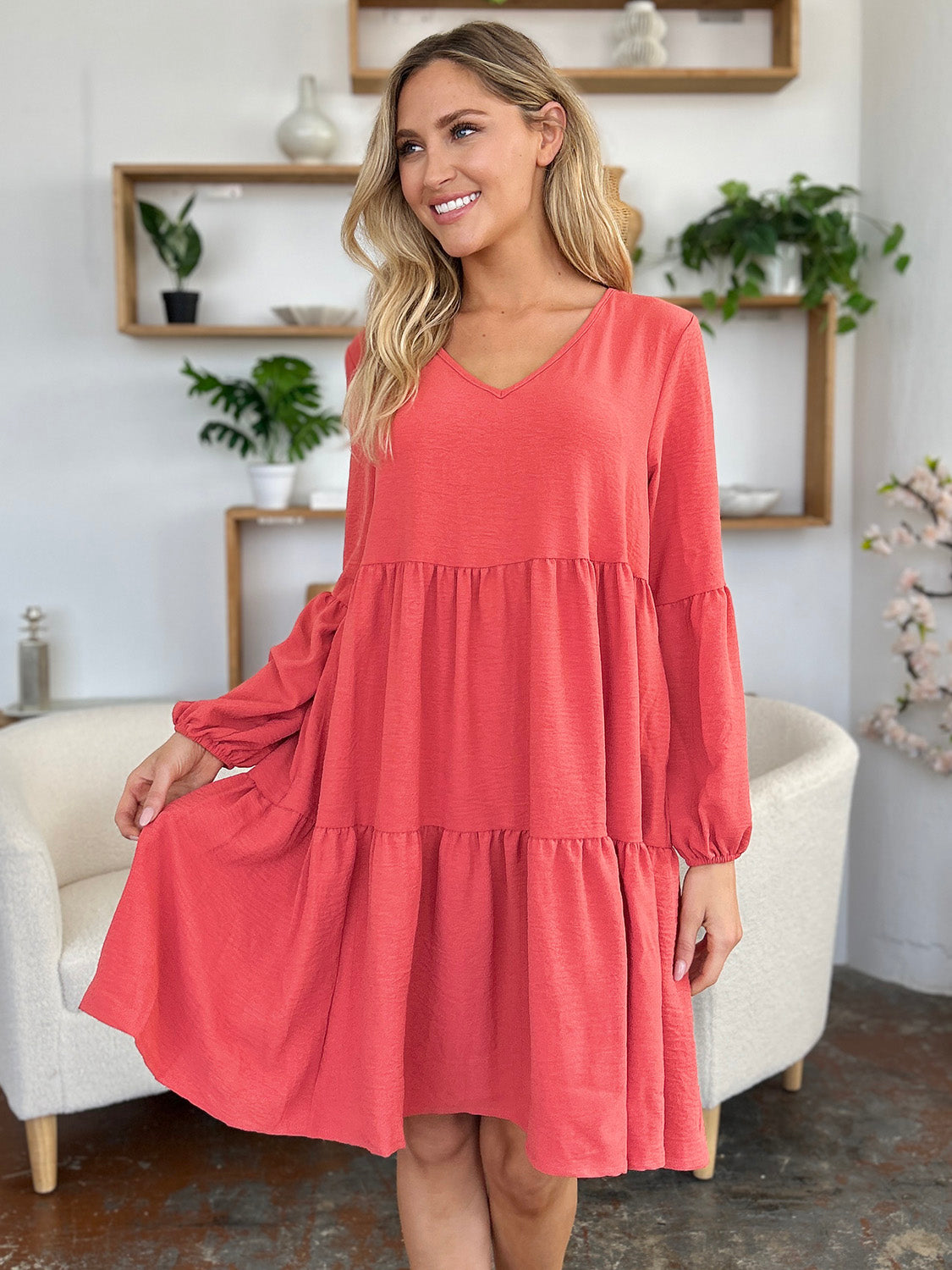 Full Size V-Neck Balloon Sleeve Tiered Dress with Pockets