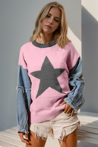 Full Size Star Pattern Raw Edge Long Sleeve Sweater