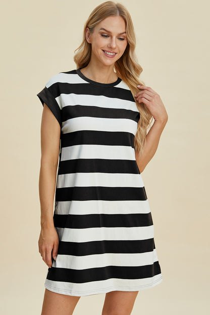 Full Size Striped Round Neck Cap Sleeve Mini Dress