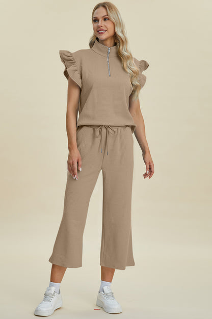 Full Size Texture Ruffle Short Sleeve Top and Wide Leg Pants Set