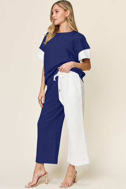 Full Size Texture Contrast T-Shirt and Wide Leg Pants Set