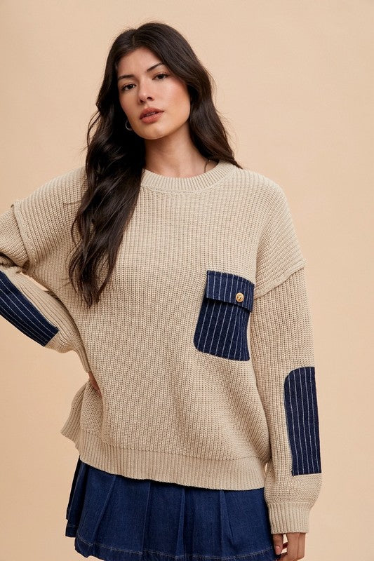 Contrast Round Neck Drop Shoulder Sweater with Patch Pocket