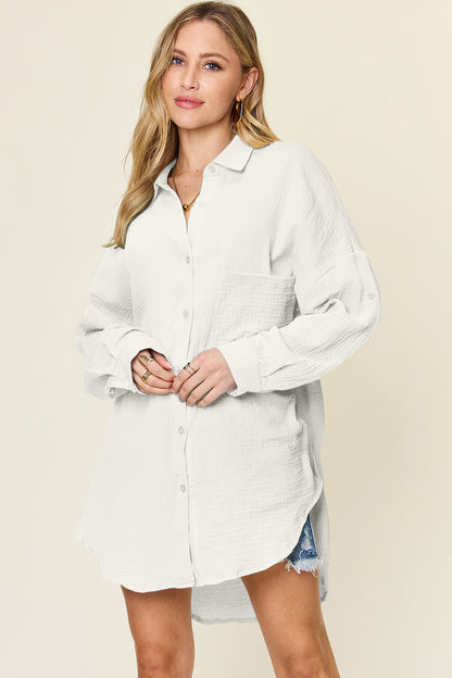 Full Size Pocketed Texture Button Up Shirt