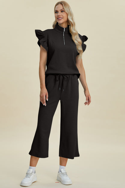 Full Size Texture Ruffle Short Sleeve Top and Wide Leg Pants Set