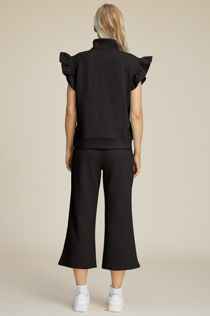 Full Size Texture Ruffle Short Sleeve Top and Wide Leg Pants Set