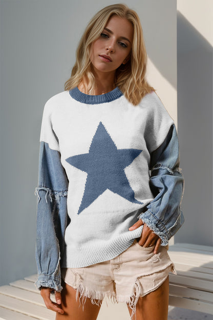 Full Size Star Pattern Raw Edge Long Sleeve Sweater