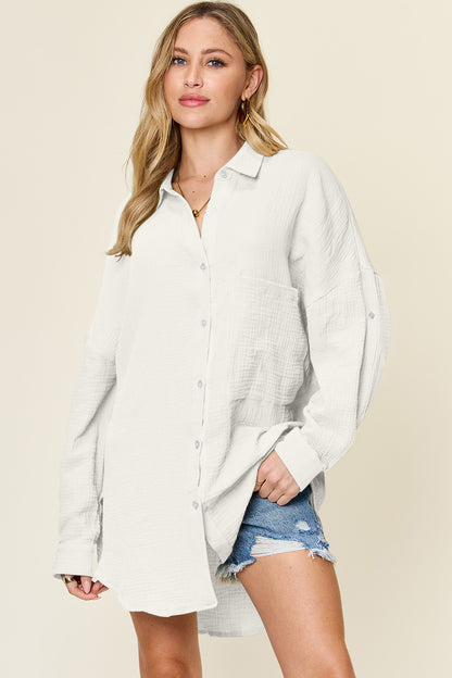 Full Size Pocketed Texture Button Up Shirt