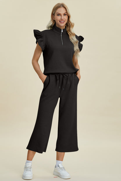 Full Size Texture Ruffle Short Sleeve Top and Wide Leg Pants Set