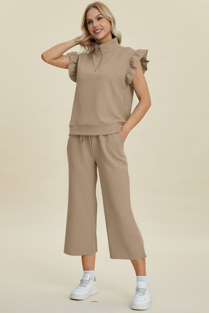 Full Size Texture Ruffle Short Sleeve Top and Wide Leg Pants Set