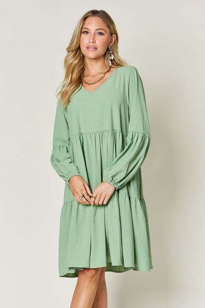 Full Size V-Neck Balloon Sleeve Tiered Dress with Pockets