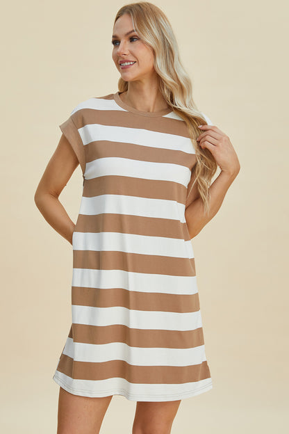 Full Size Striped Round Neck Cap Sleeve Mini Dress