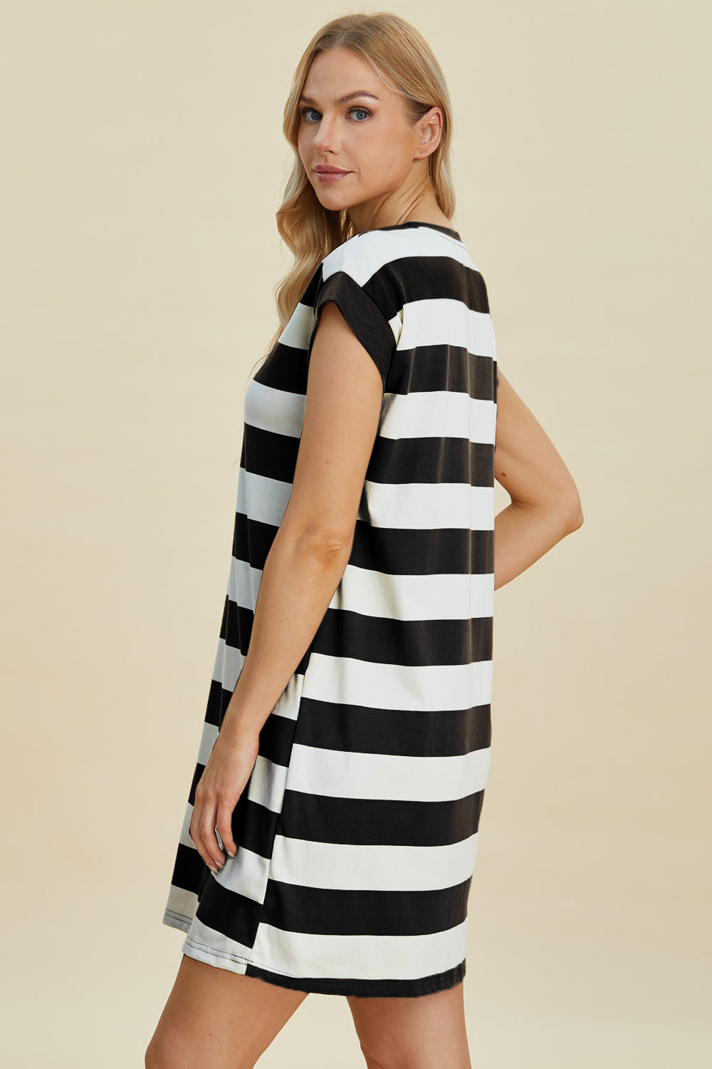 Full Size Striped Round Neck Cap Sleeve Mini Dress