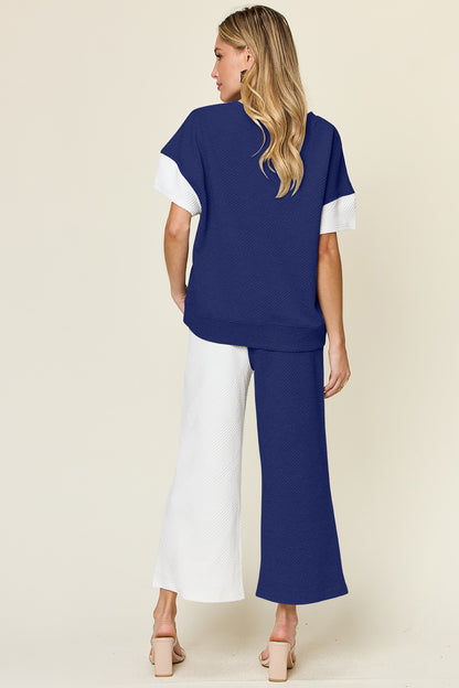 Full Size Texture Contrast T-Shirt and Wide Leg Pants Set