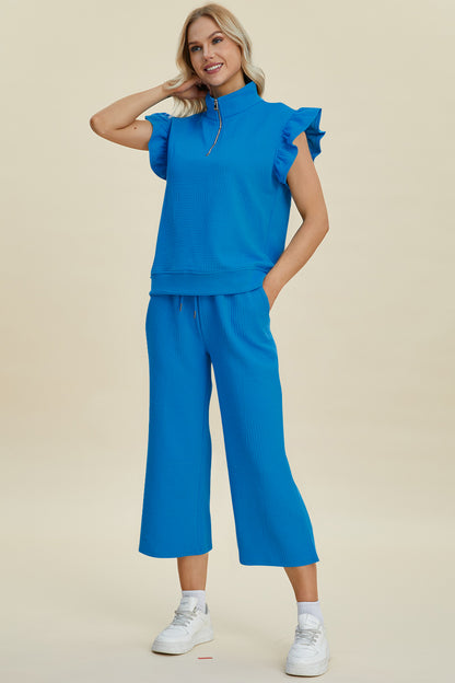 Full Size Texture Ruffle Short Sleeve Top and Wide Leg Pants Set