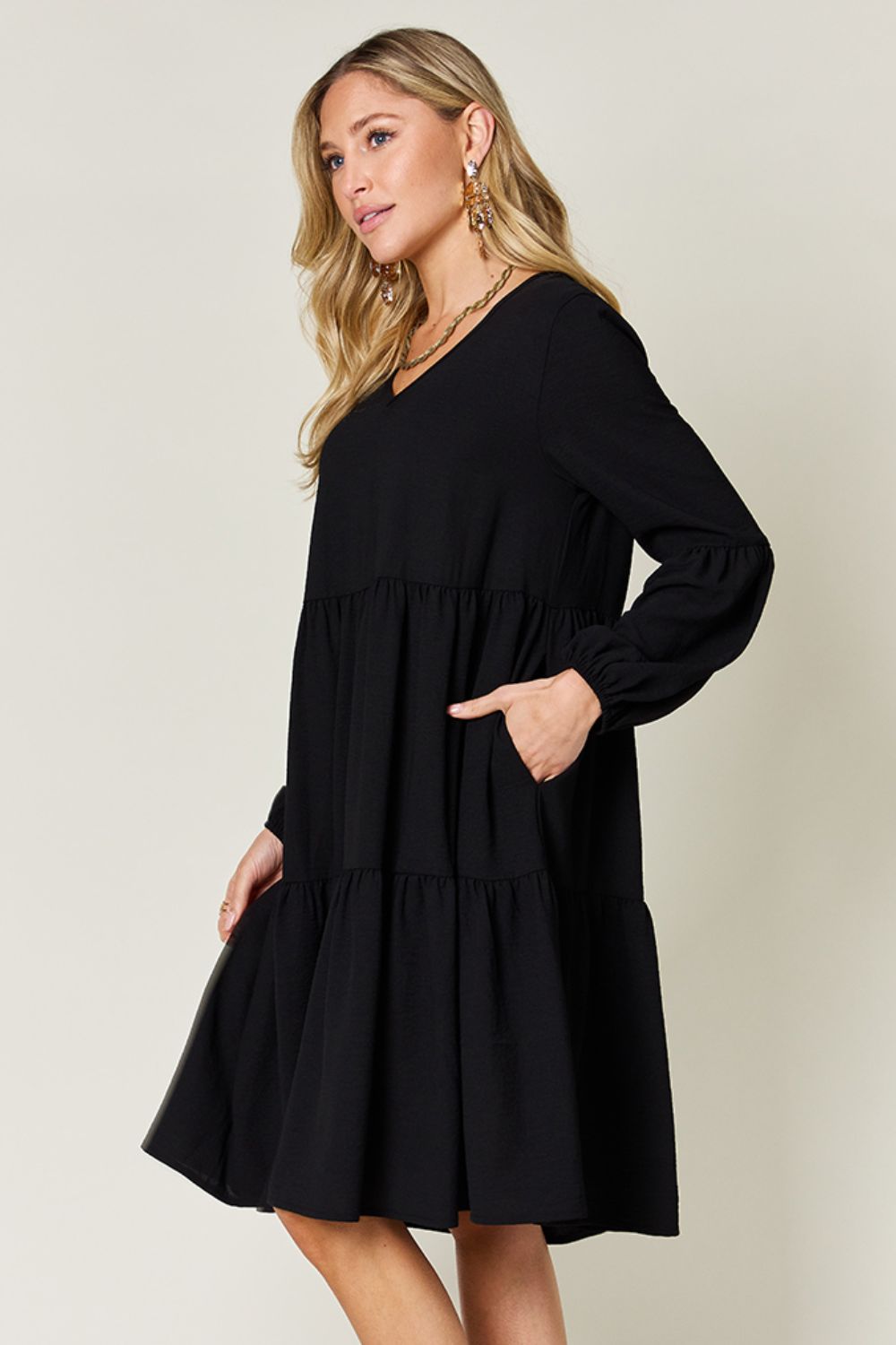 Full Size V-Neck Balloon Sleeve Tiered Dress with Pockets