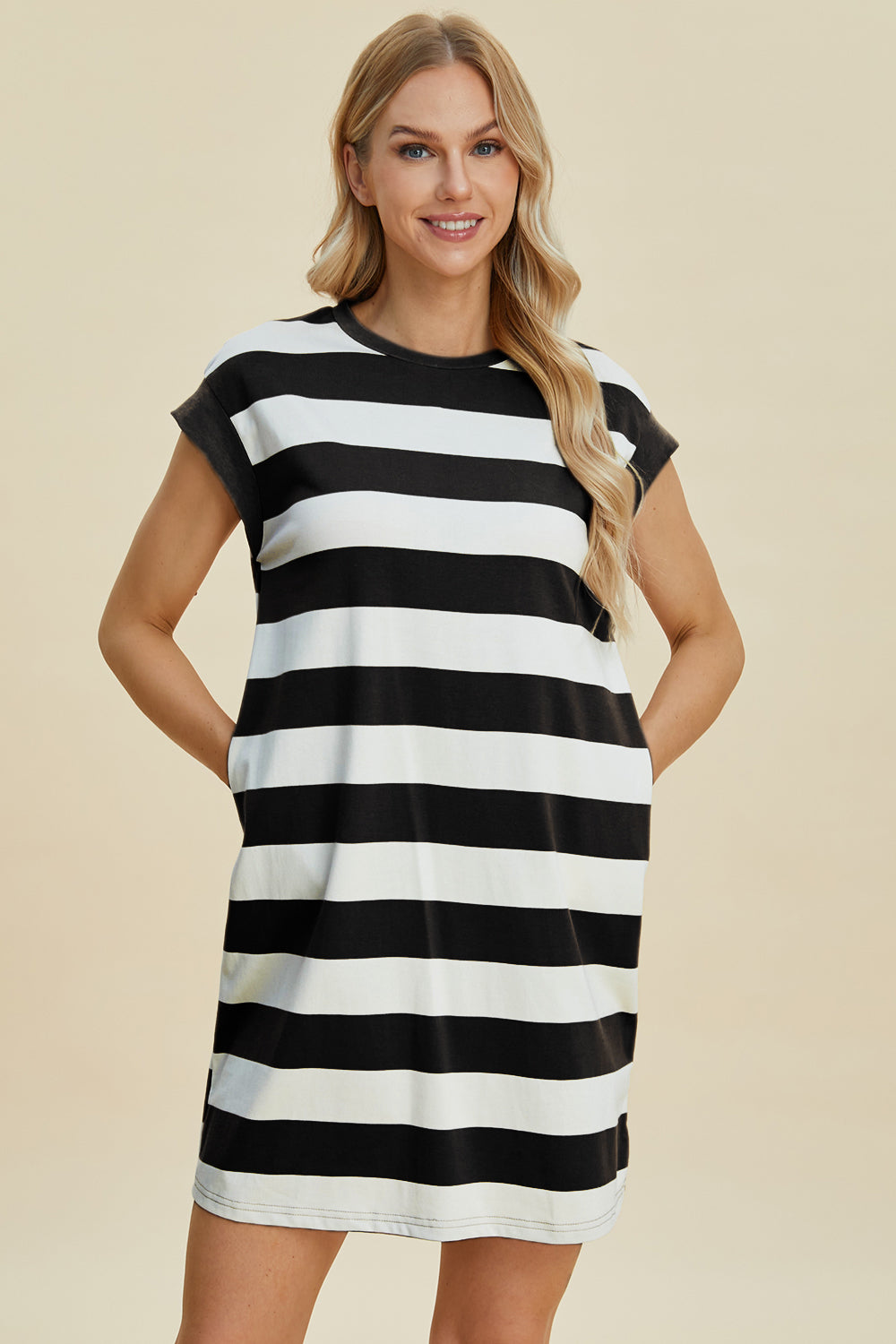 Full Size Striped Round Neck Cap Sleeve Mini Dress