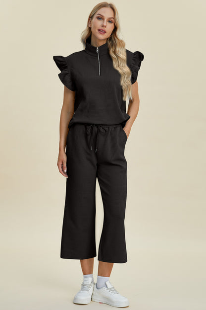 Full Size Texture Ruffle Short Sleeve Top and Wide Leg Pants Set