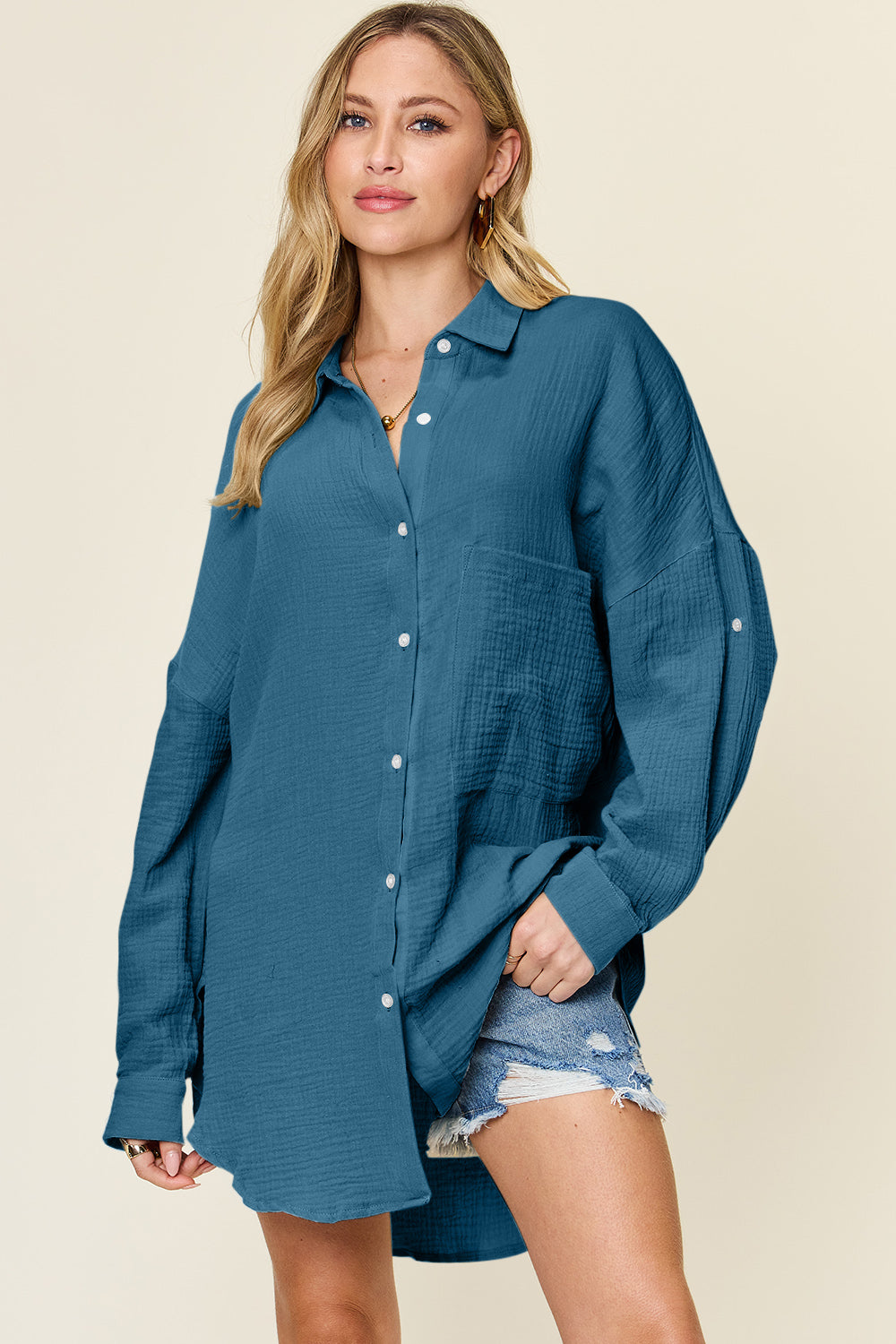 Full Size Pocketed Texture Button Up Shirt