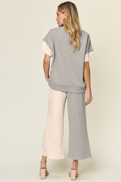 Full Size Texture Contrast T-Shirt and Wide Leg Pants Set