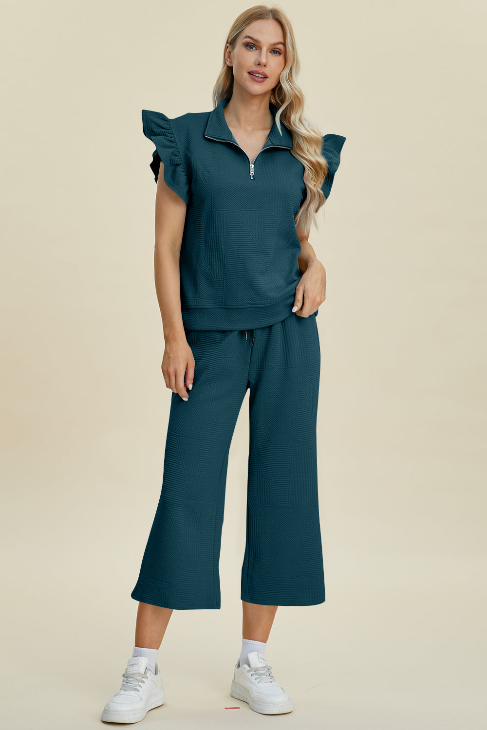 Full Size Texture Ruffle Short Sleeve Top and Wide Leg Pants Set