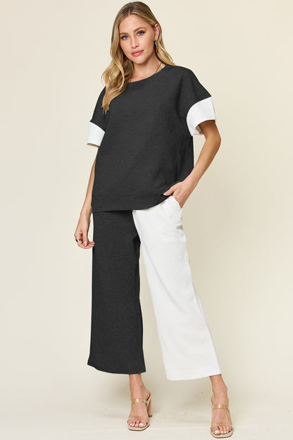 Full Size Texture Contrast T-Shirt and Wide Leg Pants Set