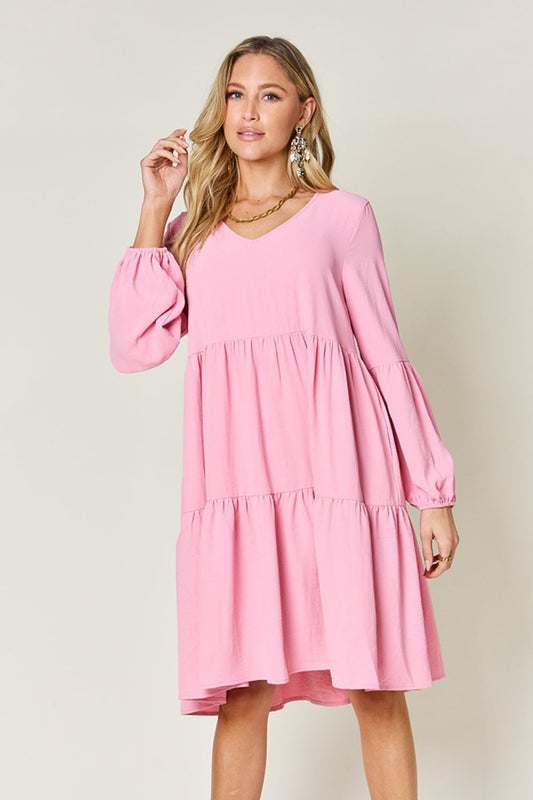 Full Size V-Neck Balloon Sleeve Tiered Dress with Pockets