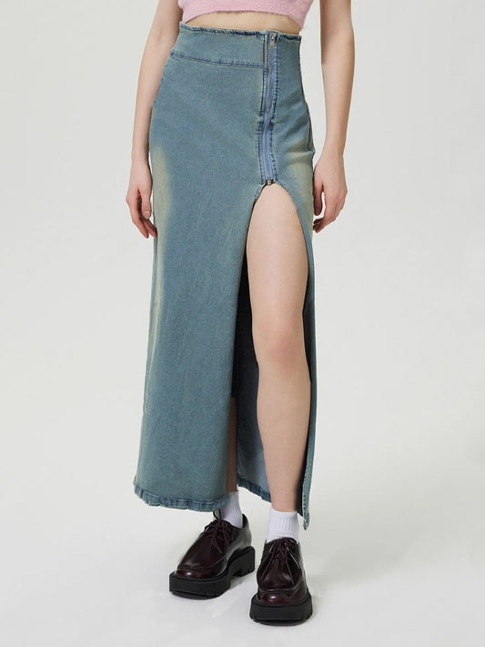 Slit Denim Skirt with Zip