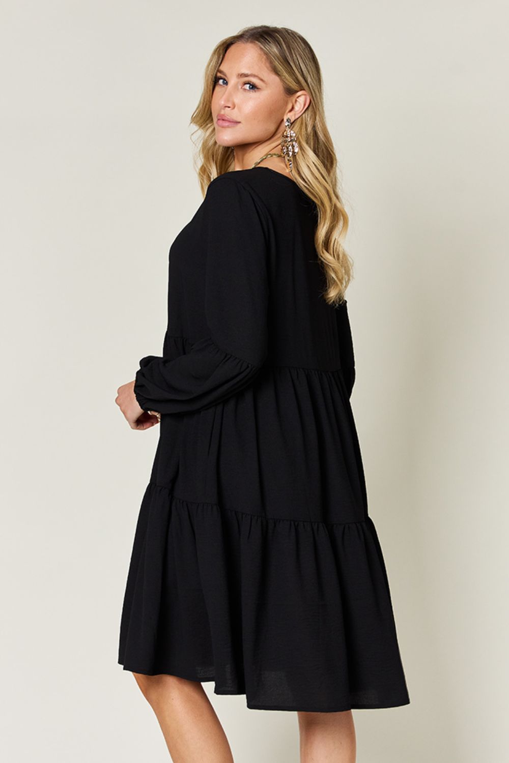 Full Size V-Neck Balloon Sleeve Tiered Dress with Pockets