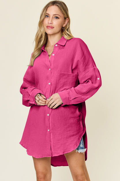 Full Size Pocketed Texture Button Up Shirt