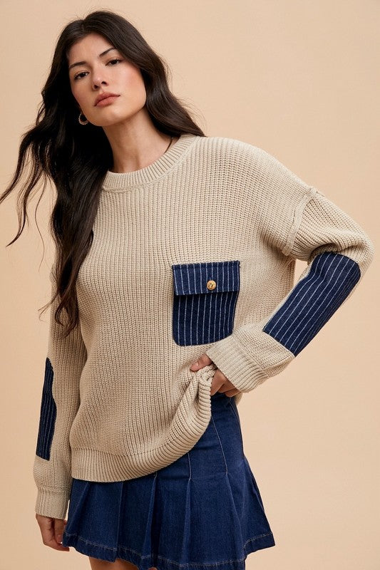 Contrast Round Neck Drop Shoulder Sweater with Patch Pocket