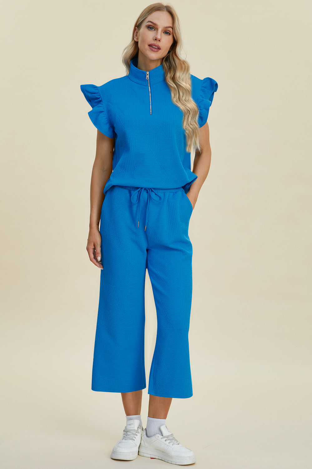 Full Size Texture Ruffle Short Sleeve Top and Wide Leg Pants Set