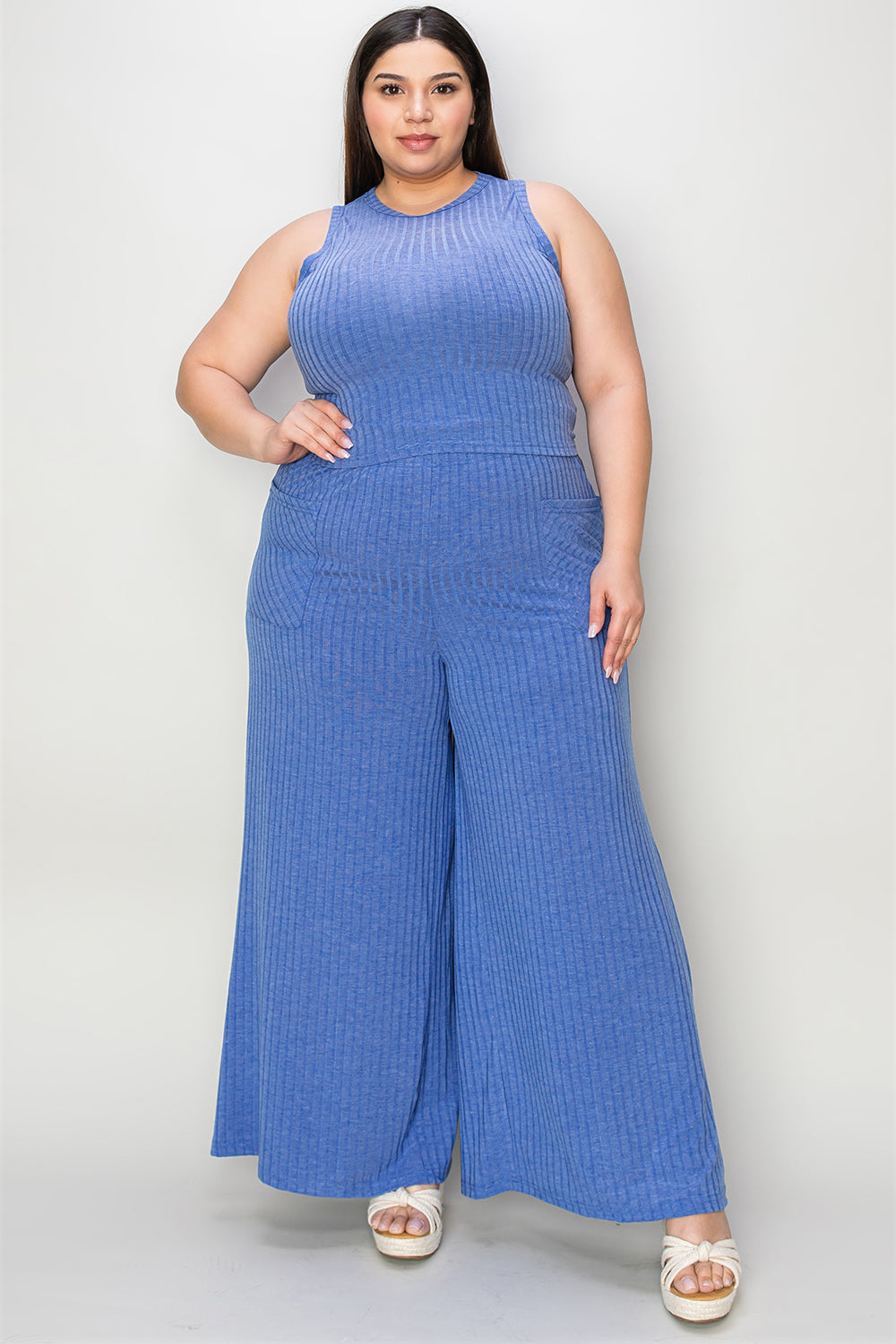 Full Size Ribbed Tank and Wide Leg Pants Set