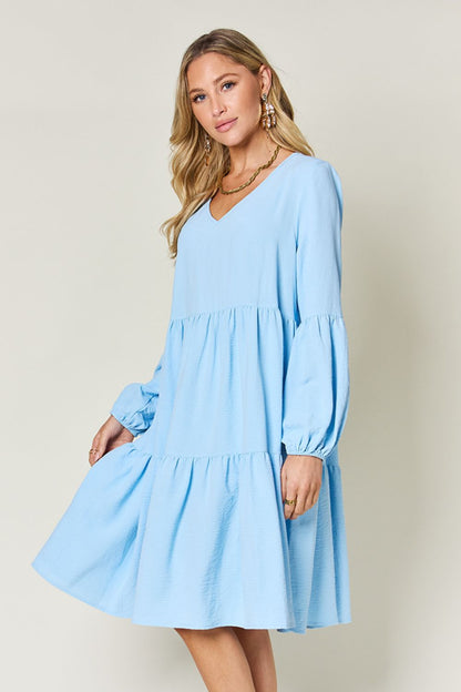 Full Size V-Neck Balloon Sleeve Tiered Dress with Pockets