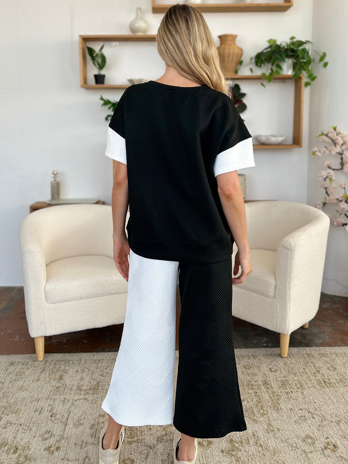 Full Size Texture Contrast T-Shirt and Wide Leg Pants Set