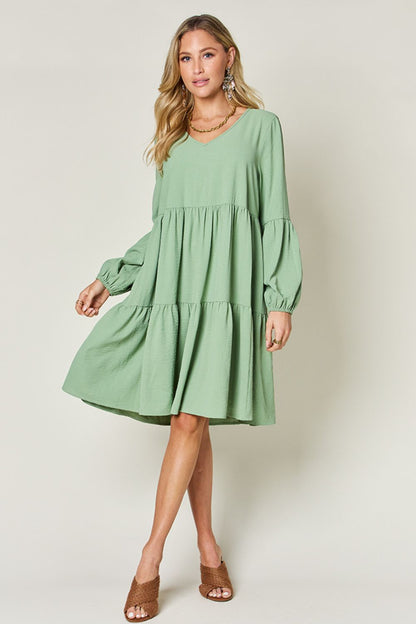 Full Size V-Neck Balloon Sleeve Tiered Dress with Pockets