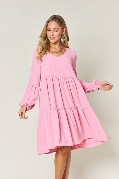 Full Size V-Neck Balloon Sleeve Tiered Dress with Pockets