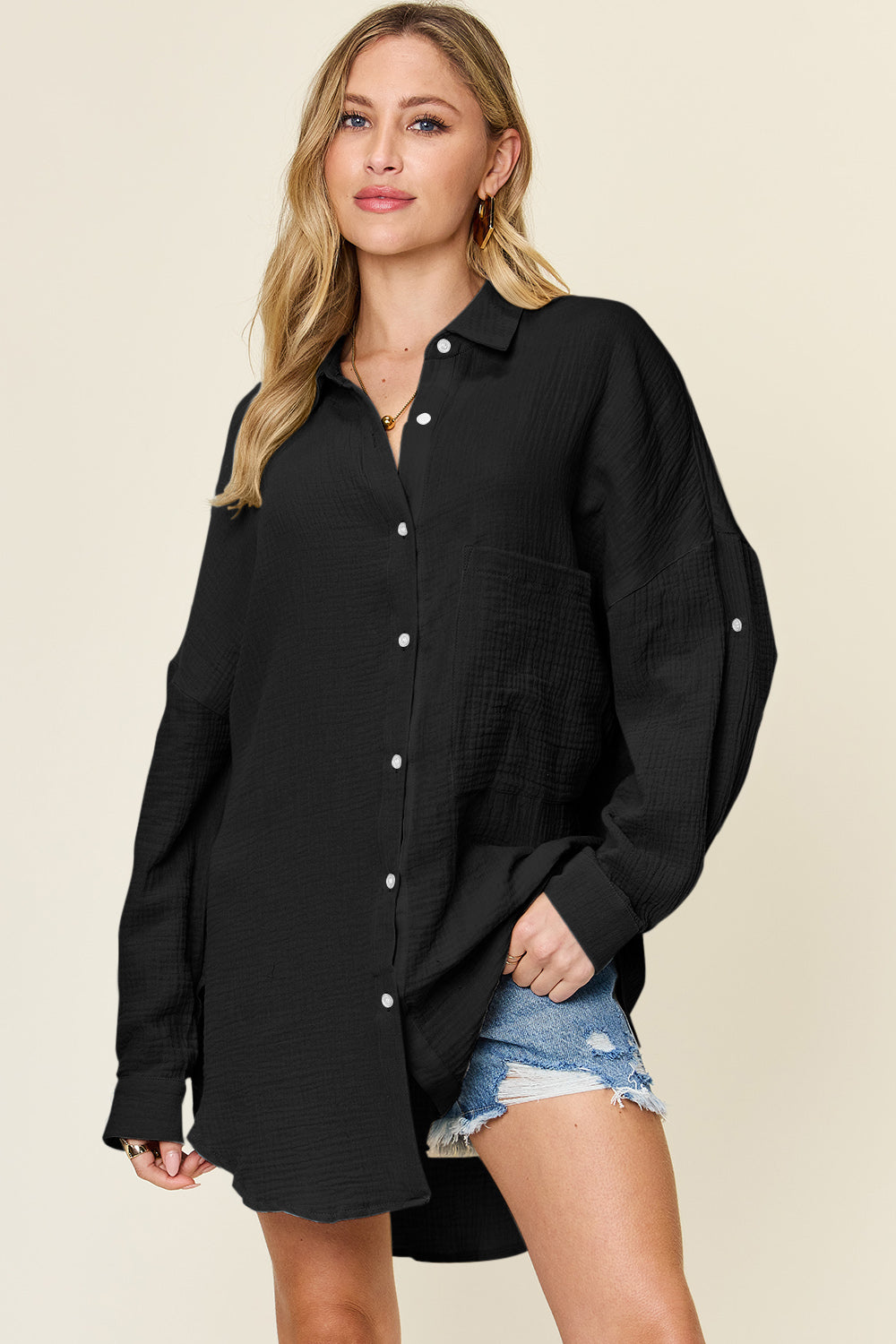 Full Size Pocketed Texture Button Up Shirt