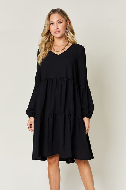 Full Size V-Neck Balloon Sleeve Tiered Dress with Pockets