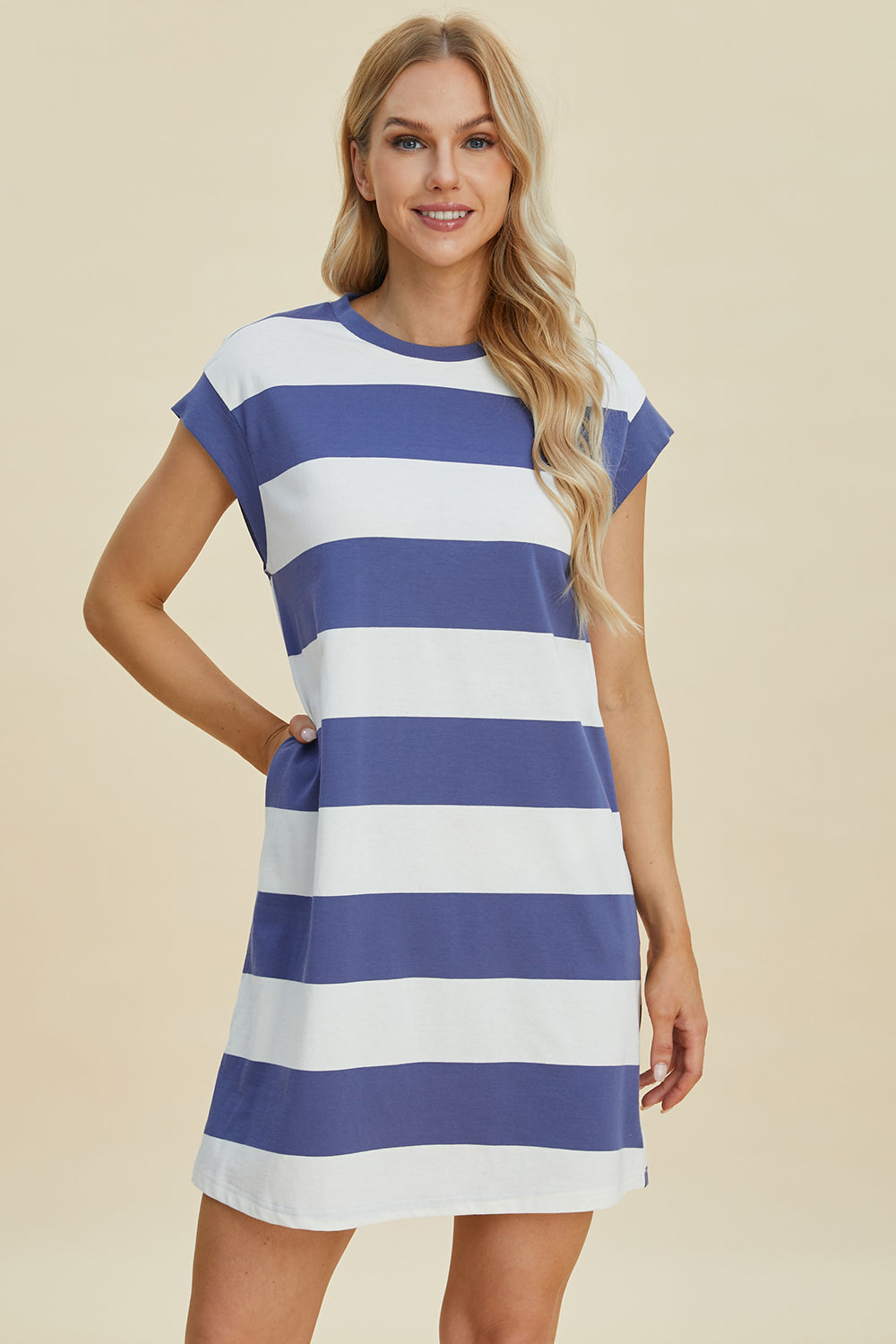 Full Size Striped Round Neck Cap Sleeve Mini Dress